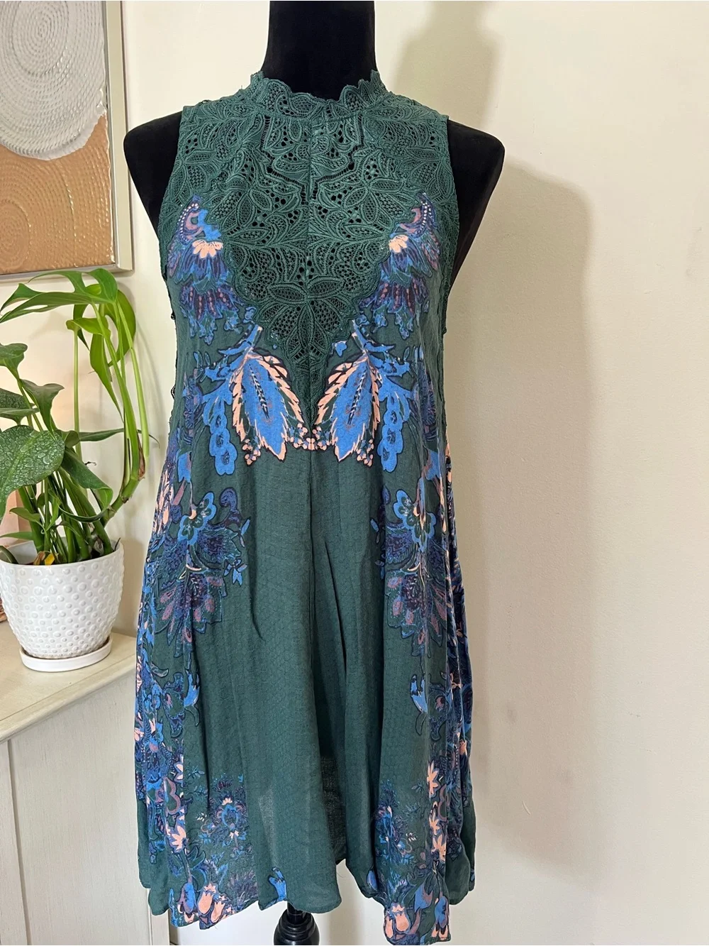 Free People Marsha Teal Green Lace Mock Neck Mini Slip Dress Tunic Size S